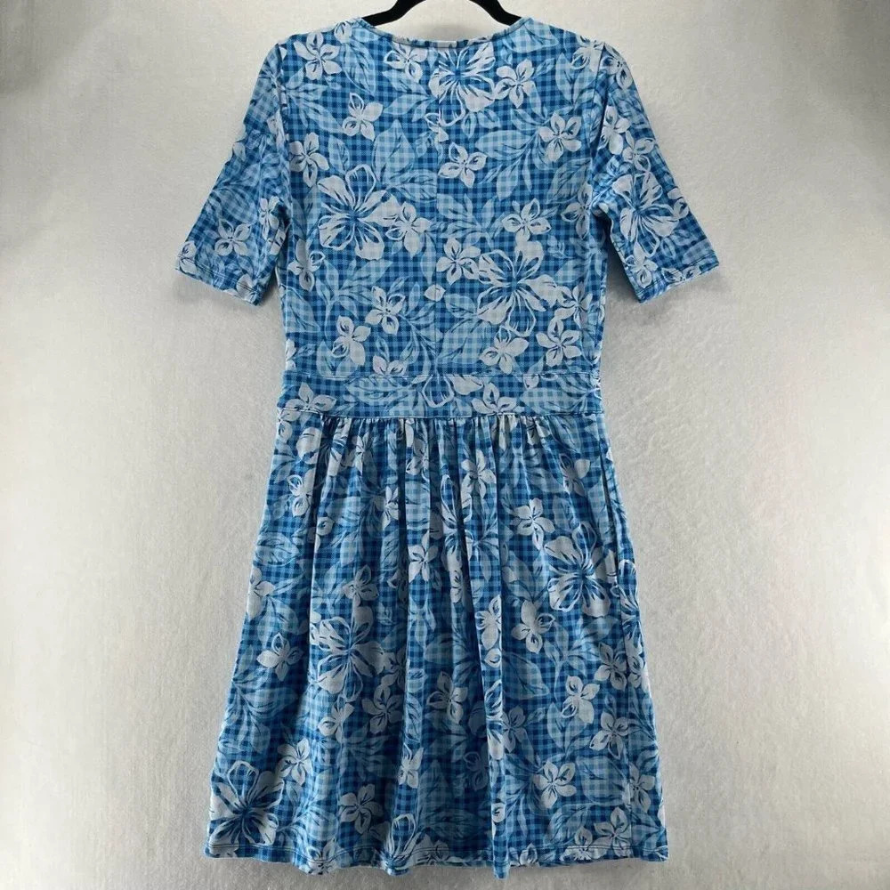 Lands End Dress S 6-8 Floral Check Short Sleeve A-Line Stretch Cotton Modal Blue - Picture 4 of 12